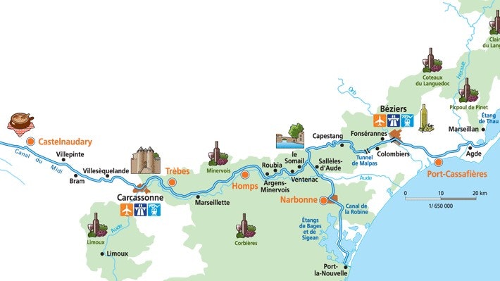 Castelnaudary, Canal du Midi, France, cruising area map