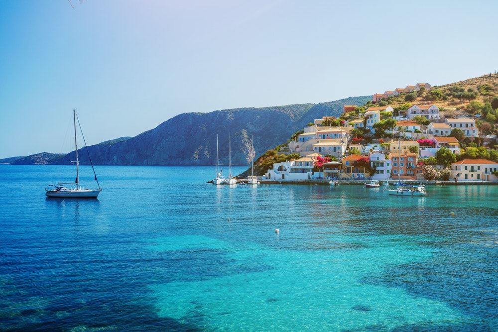 Güzel Lefkada adasının panoramik manzarası. Yunanistan