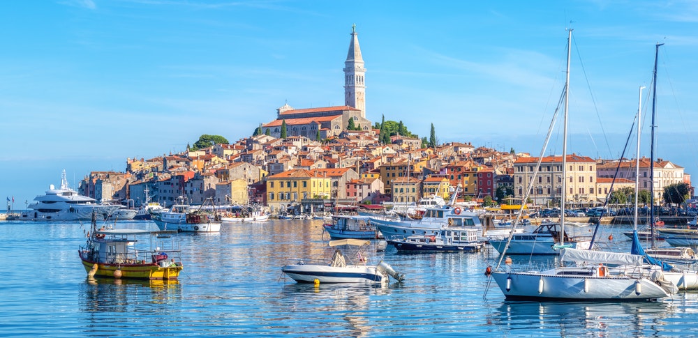 Town of Rovinj, panoramic view of the colourful historic old town and harbour on the Mediterranean Sea, Croatia