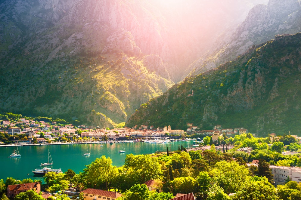 Panoramic view of the city of Kotor and the Bay of Kotor in Montenegro at sunrise.