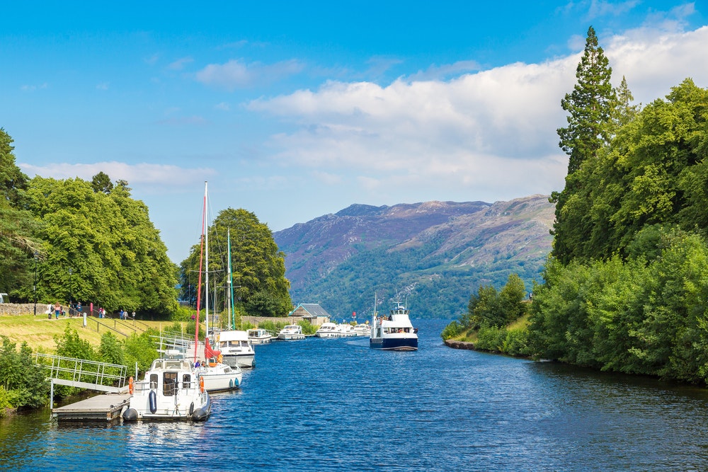 Fort Augustus and Loch Ness lake in Scotland in a beautiful summer day, United Kingdom