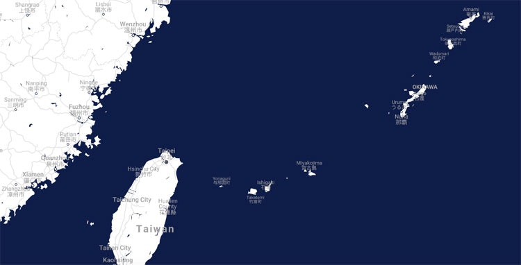 Mapa ostrovů Okinawa a Japonska