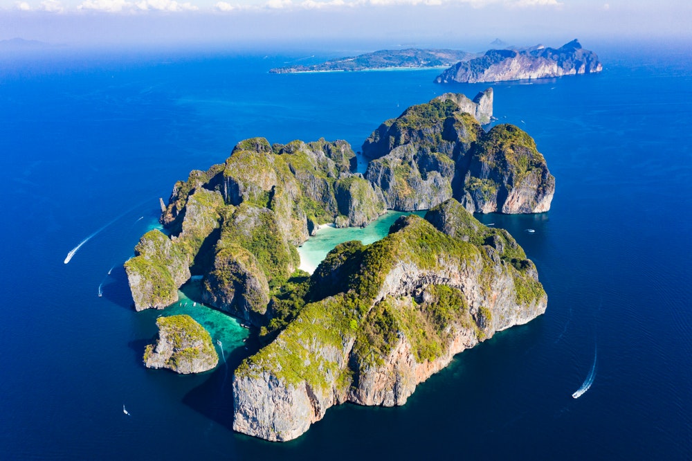 Aerial view of Koh Phi Phi Lee with the beautiful Maya Bay beach washed by turquoise waters